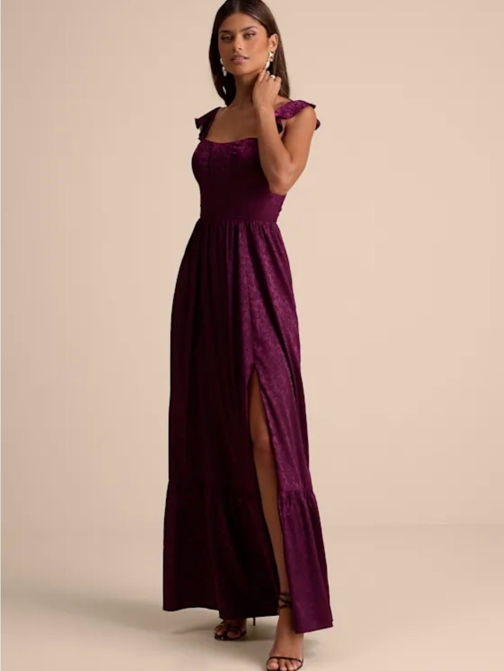 Lulu's Plum Ruffled Strap Maxi Dress with Side Slit